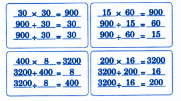 Solve the following multiplication problems. Write two division statements in each case answer