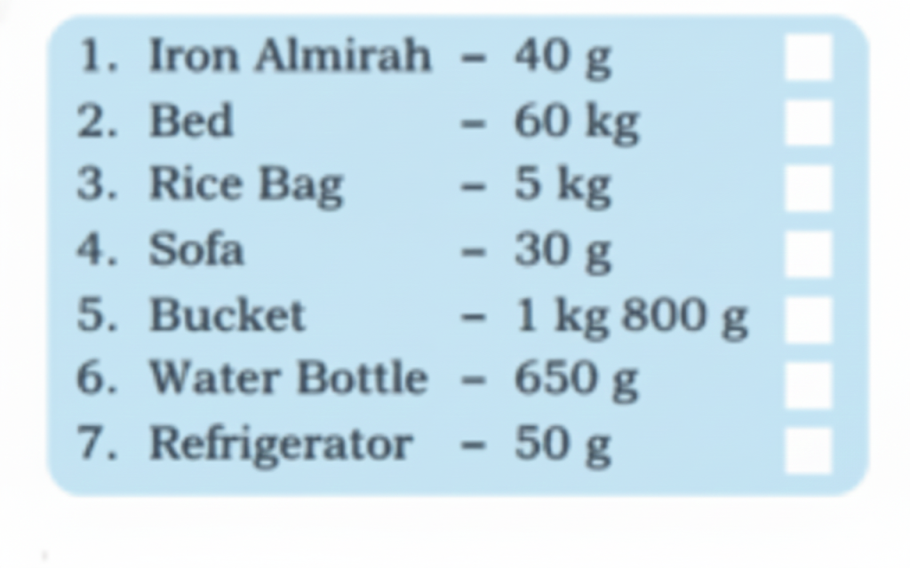 weights of the items in Anu's house