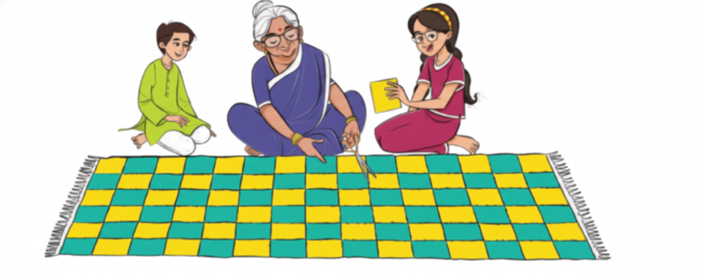 Preetha and Adrit’s grandmother is making a rug with square patches