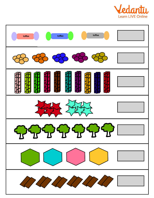 Count objects in tens and write the numbers in the boxes