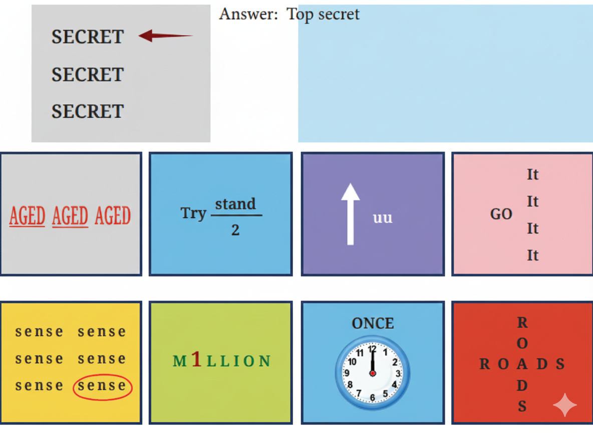 Leroy solved the mystery of the missing fifth word with his critical thinking abilities. Work in pairs to solve the puzzles given in the illustrations below and infer what they say. One example has been done for you.