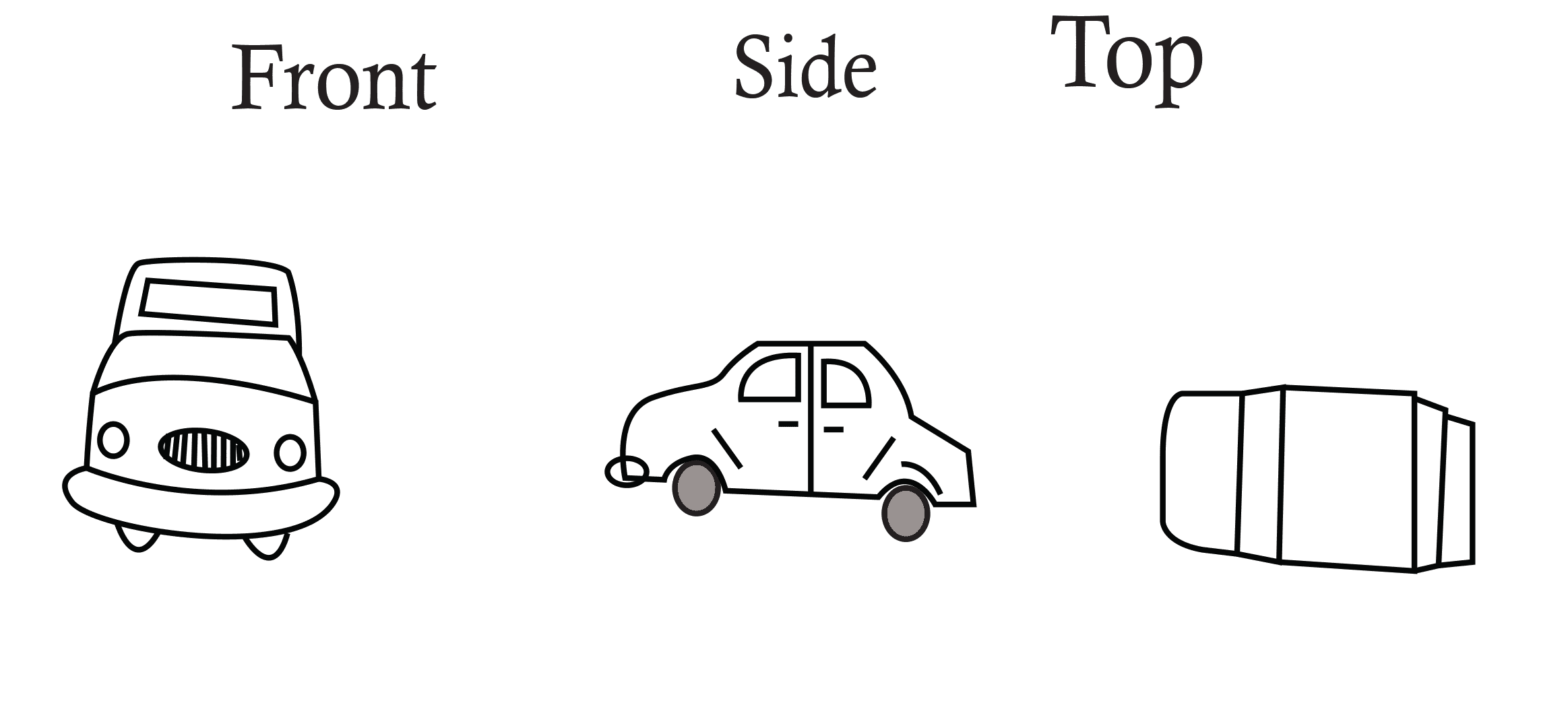 Front, Side, and Top view of a car