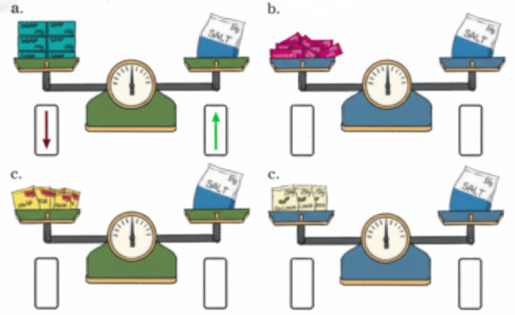 Draw arrows to indicate which side the pan balance will tilt One is shown for you.