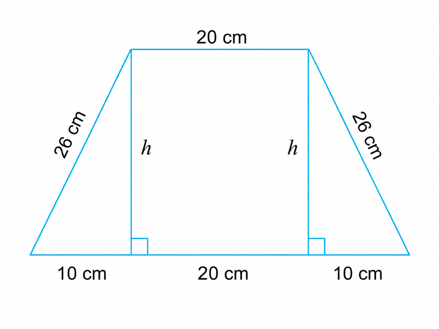 The parallel sides of a trapezium are 40 cm and 20 cm. If its non-parallel sides are both equal, each being 26 cm, find the area of the trapezium..png