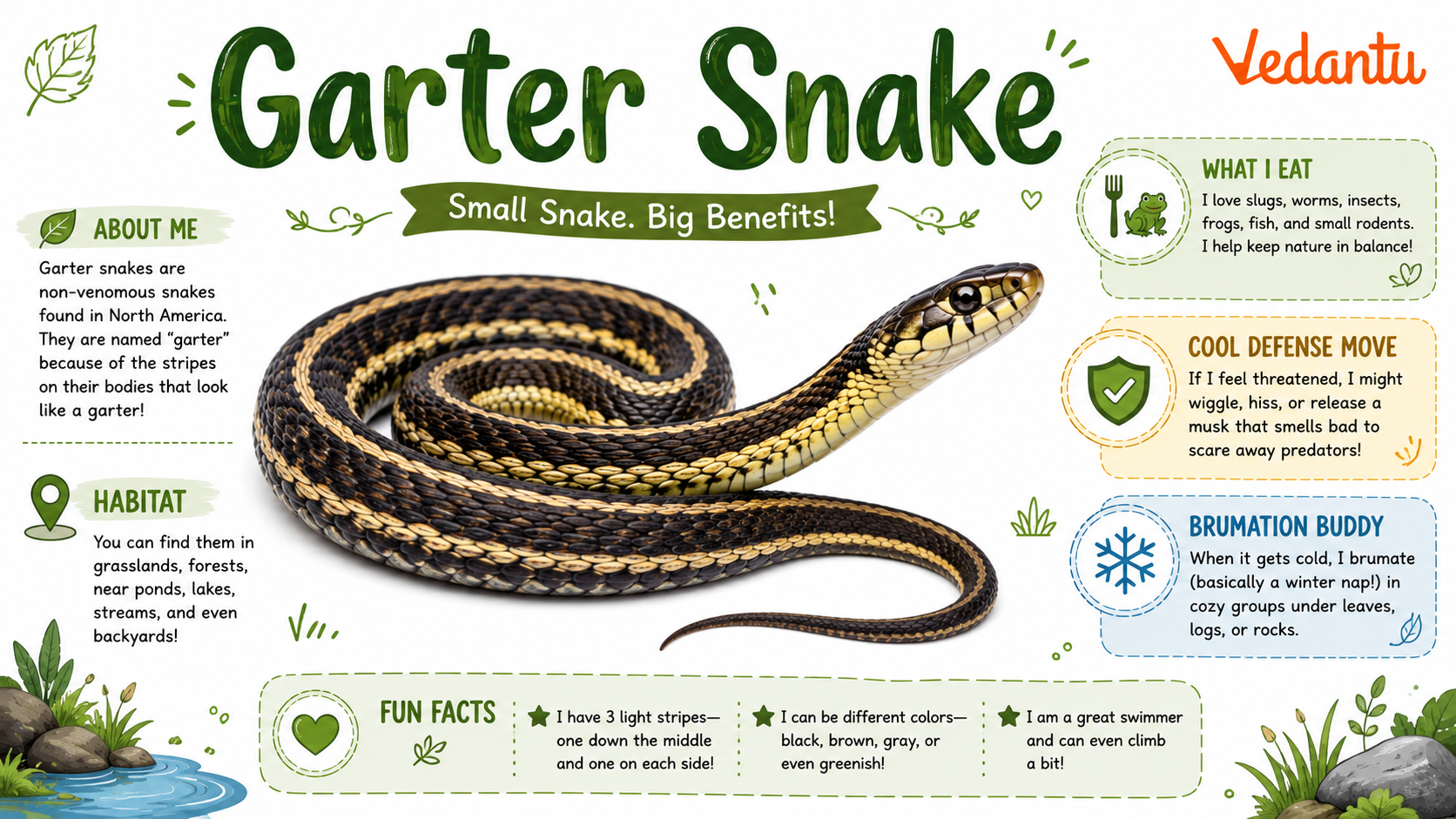 Garter Snake resting on grass showing striped body pattern
