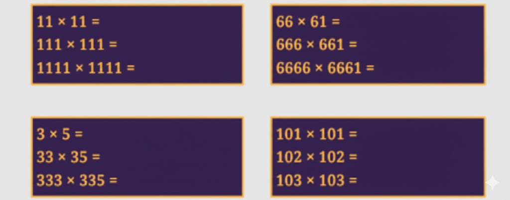 In each of the following boxes, the multiplications produce interesting patterns. Evaluate them to find the pattern. Extend the multiplications based on the observed pattern.