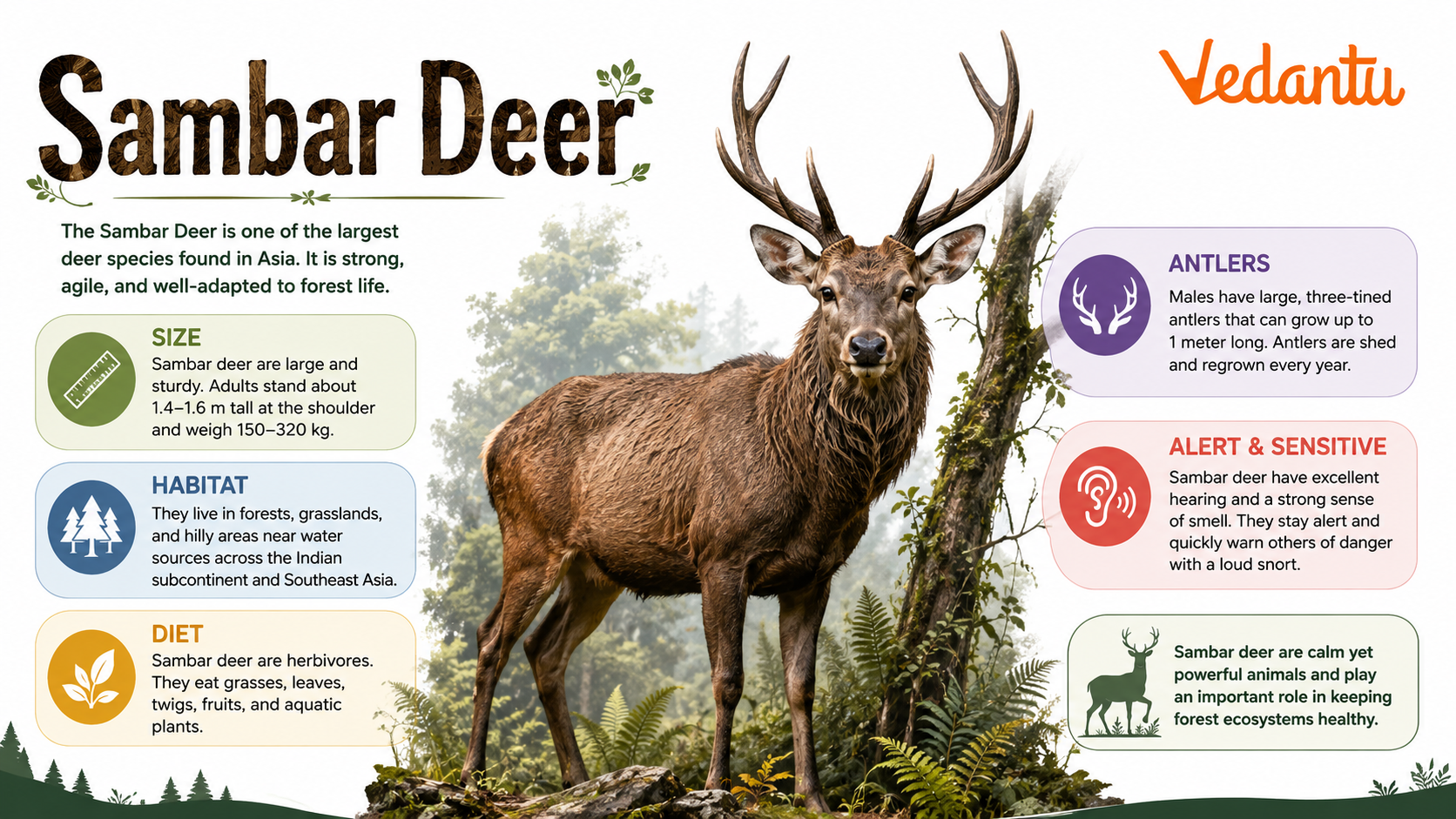 Sambar Deer standing in forest habitat