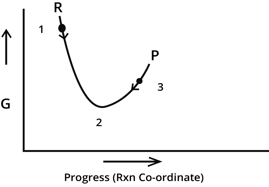 Showing Gibb’s energy (G) Vs Progress (Rxn Co-ordinate) curve for an Irreversible reaction