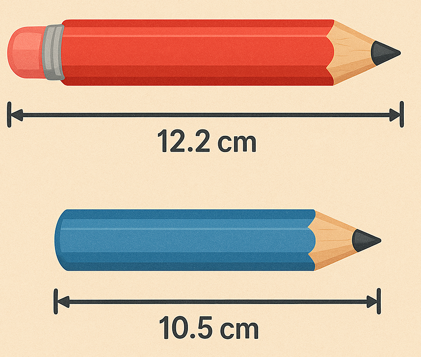 a red pencil is 12.2 cm long and a blue pencil is 10.5 cm long