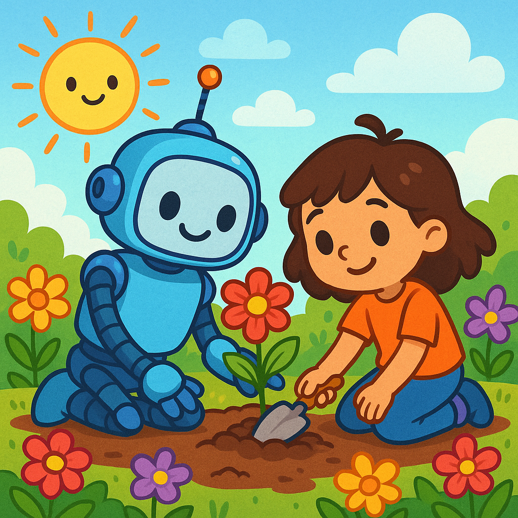 Mia and her Bolt (special gardening robot) doing gardenining