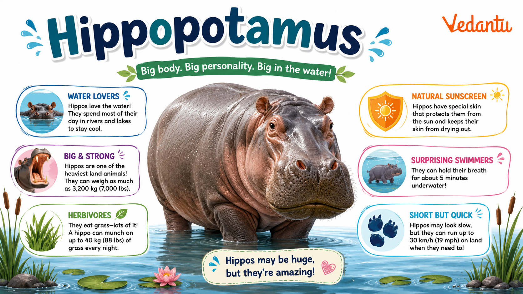 Hippopotamus in water showing its large body and open mouth