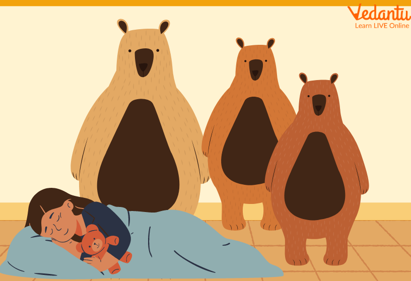 The three bears watching Goldilocks sleeping on Baby Bear’s bed