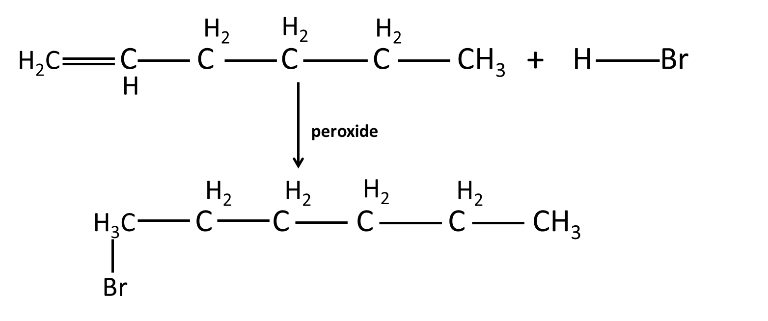 HBr to hex – 1 – ene in the presence of peroxide