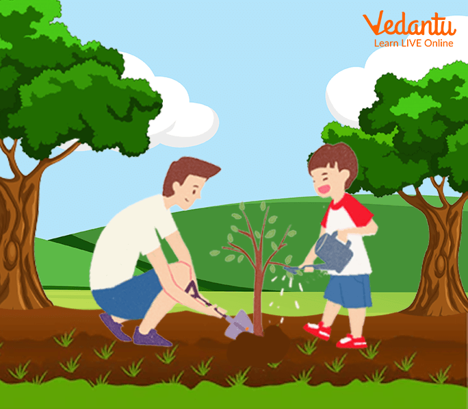 A kid helping her father in gardening