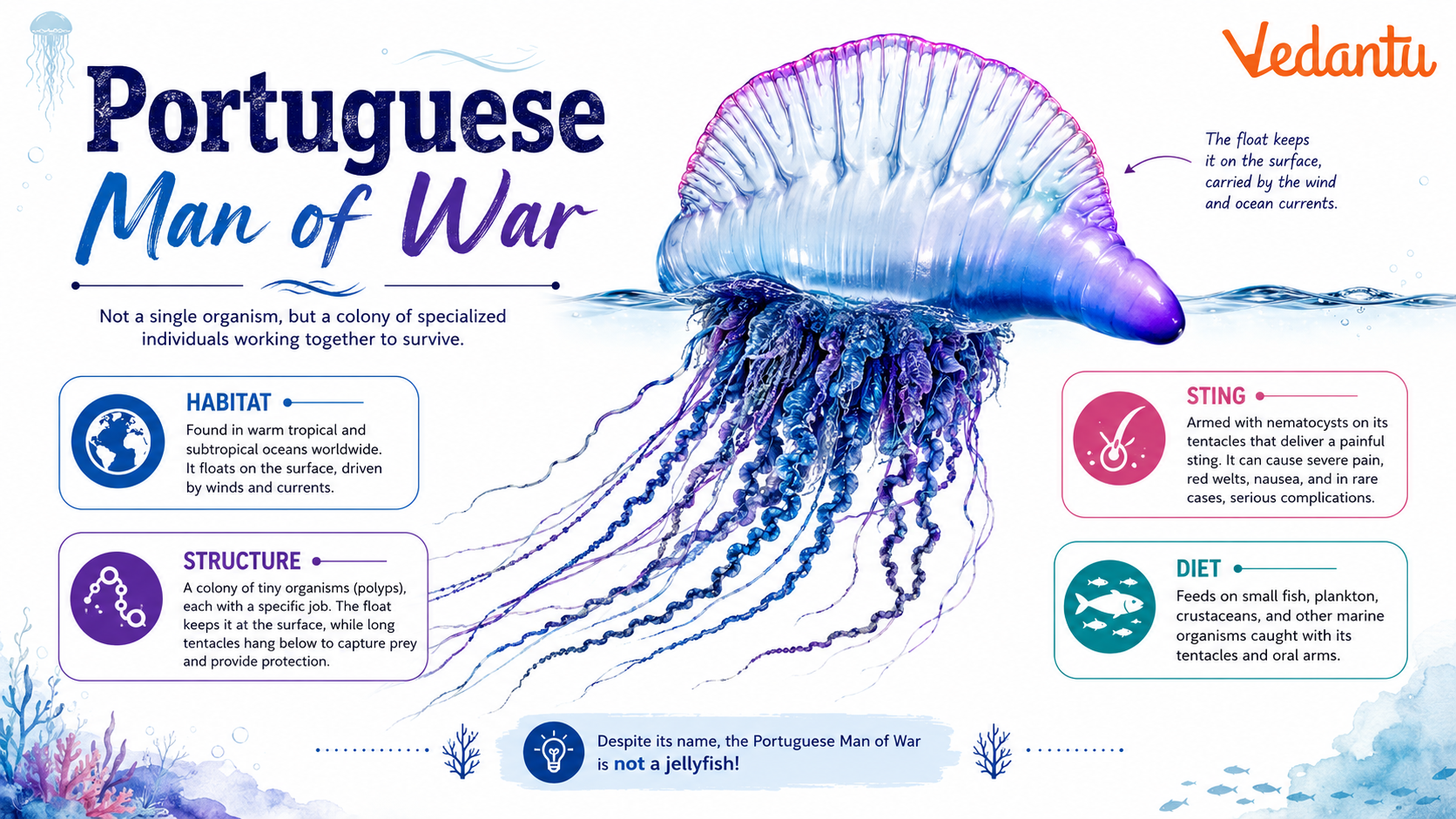 Portuguese Man Of War floating in the ocean with long tentacles
