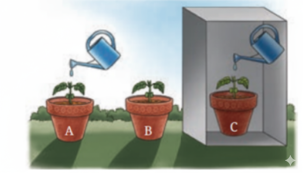 Fig. Experimental set-up to understand the role of sunlight and water in plant growth