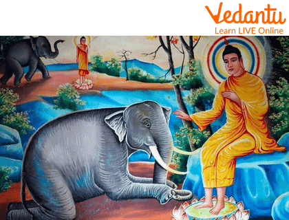 The Angry Elephant Calms Down Due To Buddha’s Touch and Bows Down To Him in Respect in the Buddha and Elephant Story for Kids