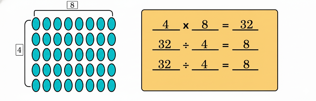 Write the appropriate multiplication fact for the array shown below. Write two division facts that follow from the multiplication fact answer