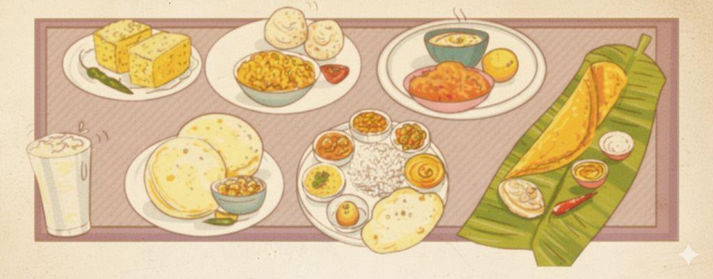 ढोकला, इडली, लिट्टी-चोखा, डोसा, छोले-भटूरे, लस्सी तथा संतुलित भोजन की एक थाली