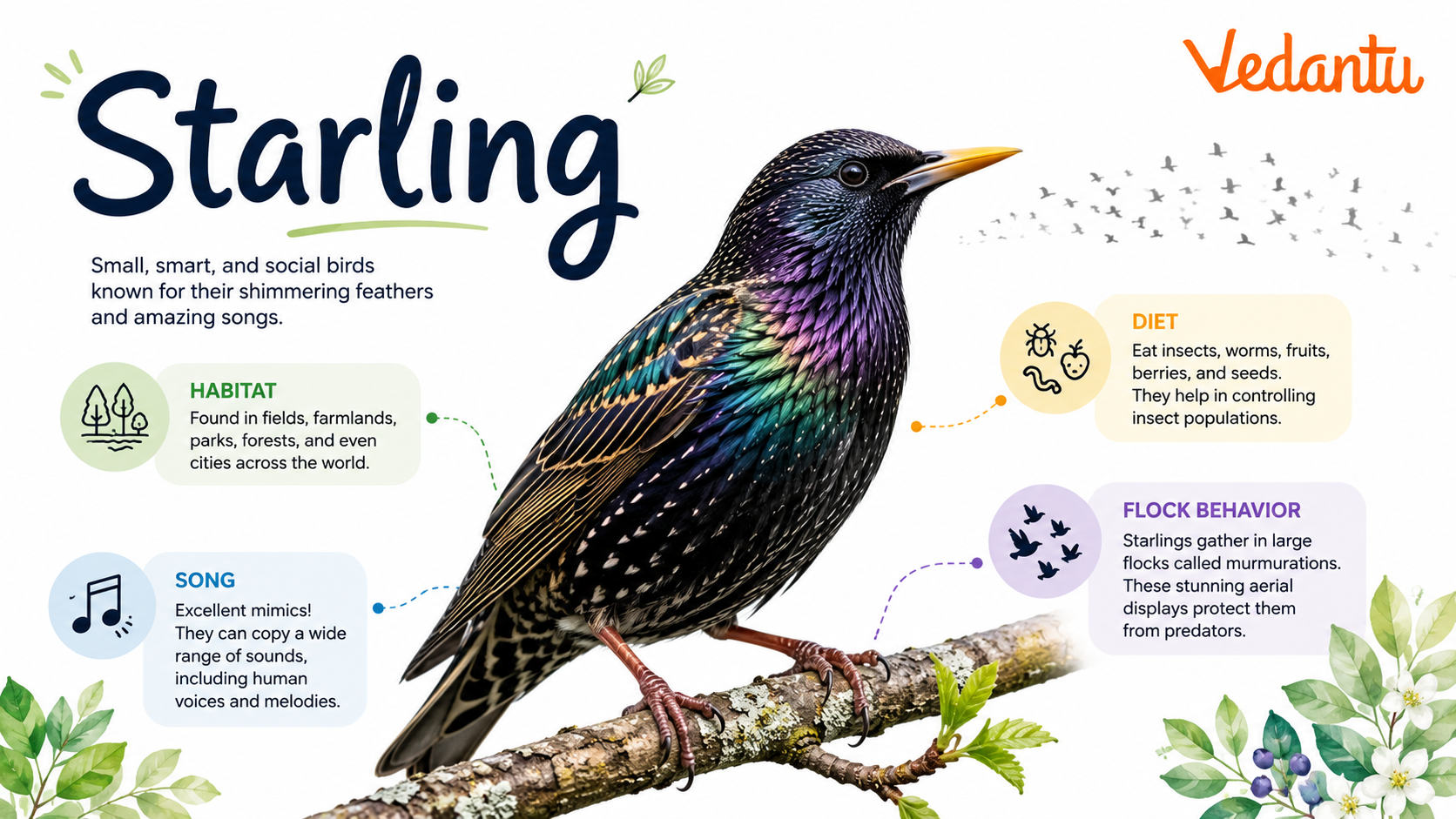 Starling bird with glossy black feathers