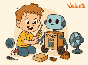 An idea sparked in Leo's creative mind. Instead of cleaning the room himself, he would build a robot to do it for him! He gathered an old shoebox for the body, the motor from a broken fan, and bristles from a worn-out broom. After a few hours of tinkering, his contraption, the 