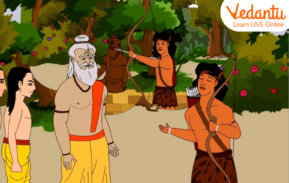 Eklavya Practicing Archery in Front of a Self-made Statue of Guru Dronacharya