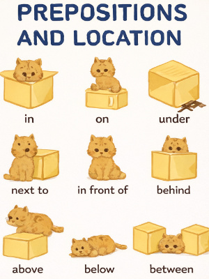 prepositions of place with cute kittens and boxes demonstrating in, on, under, next to, in front of, behind, above, below, and between