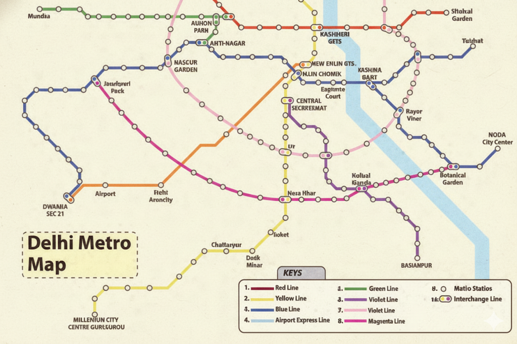 Mark the Qutb Minar station on the Yellow Line and the Supreme Court Station on the Blue Line
