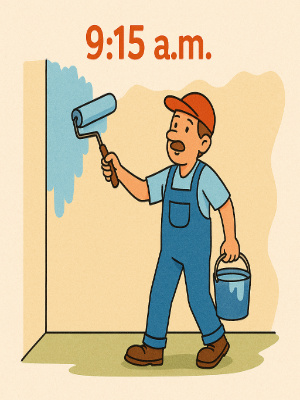 11. A painter started painting a wall at 9:15 a.m. He took a 30-minute break for lunch at 1:00 p.m. and finished the work at 4:00 p.m. How much time did he actually spend painting?