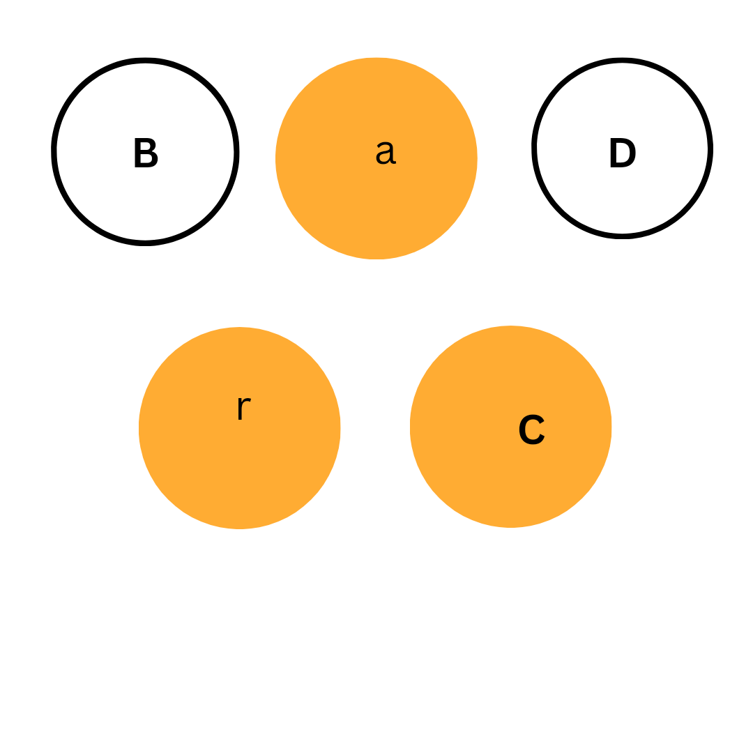 an image of some balls with B, and D written on it using uppercase letters and a, c, and r is written on it using the lower letters. a, r and c is colored with orange colour.