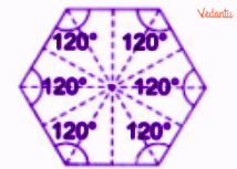 Diagram of a regular hexagon showing six lines of reflection symmetry meeting at the centre, with each interior angle marked as 120°.