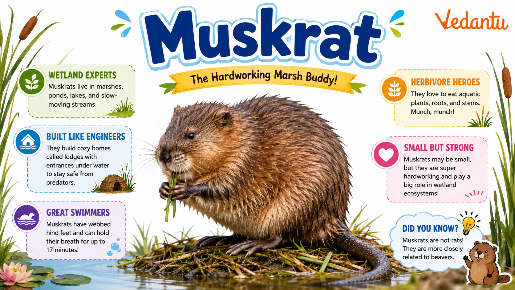 Muskrat swimming in wetland habitat