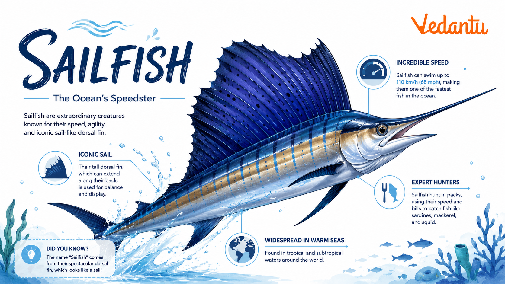 Sailfish with large sail-like dorsal fin swimming in the ocean
