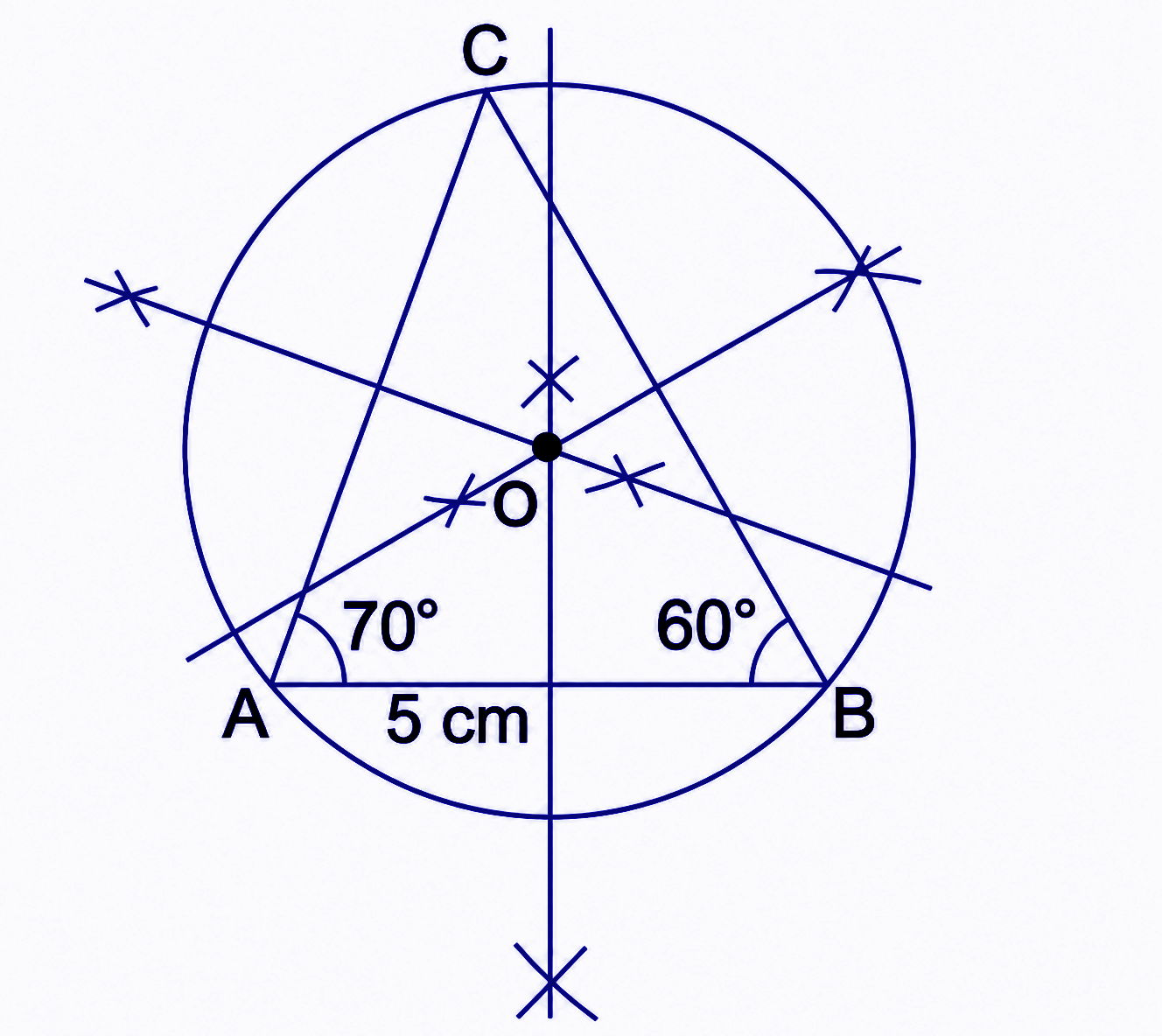 Draw ∆ABC with AB = 5 cm, ∠A = 70°, and ∠B = 60°. Draw the circumcircle of ∆ABC..png