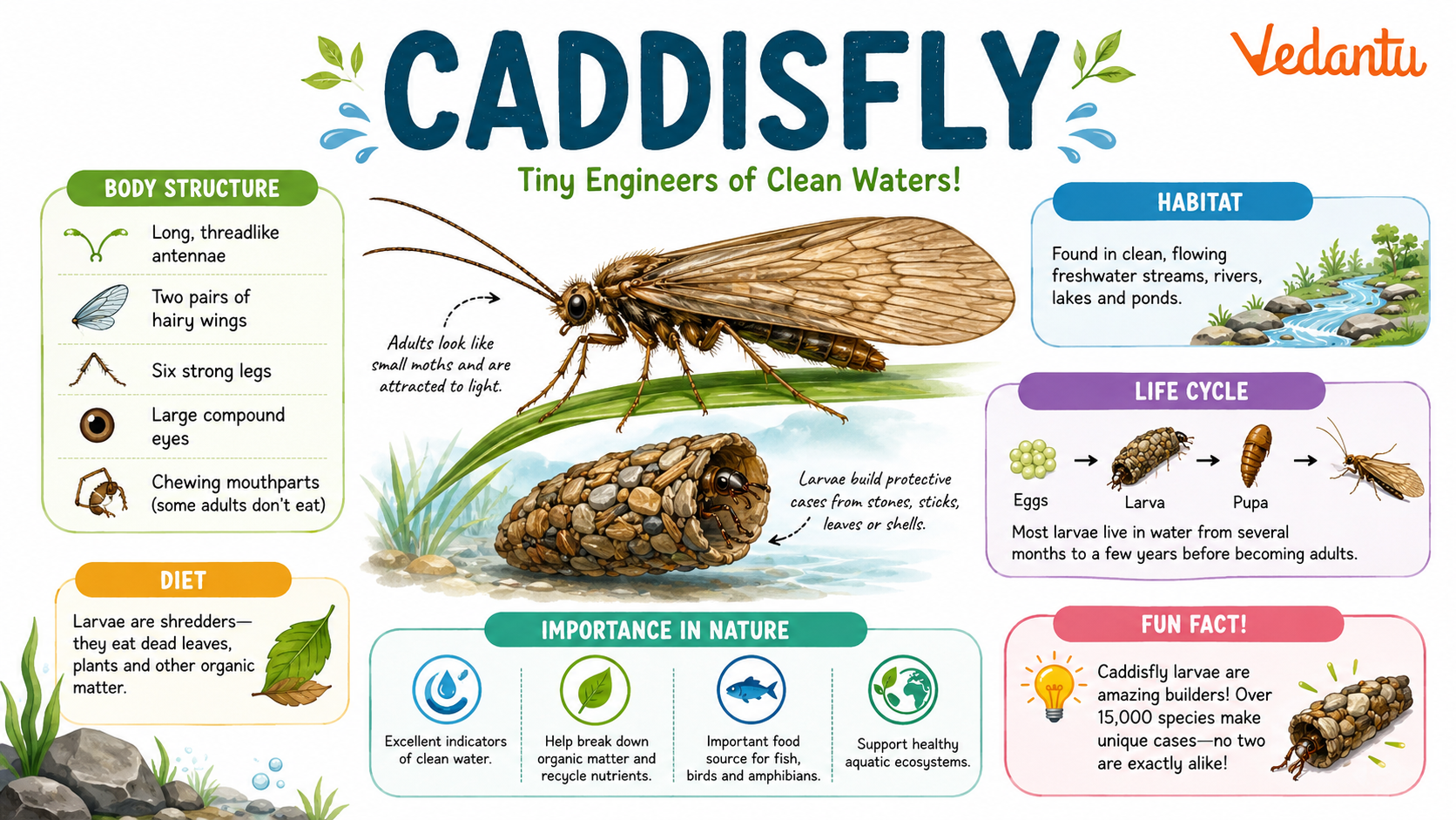 Caddisfly insect with delicate wings resting near water