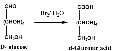 D-ग्लूकोस की अभिक्रिया   ब्रोमीन जल के  साथ दर्शाते  हुए