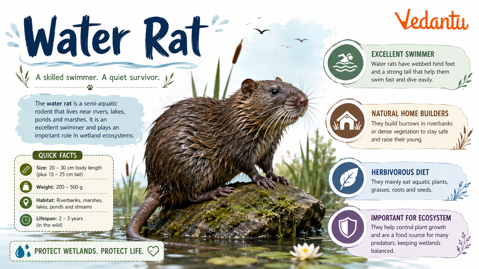 Water Rat swimming near river bank
