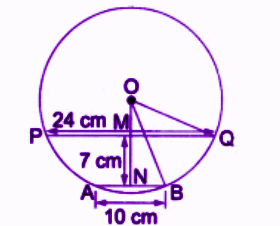 Two parallel chords of lengths 10 cm and 24 cm are on the same side of the centre of a circle. The distance between the chords is 7 cm. Find the radius of the circle..png