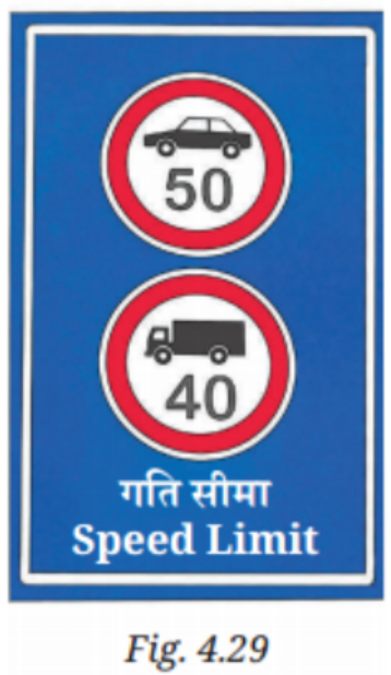 A truck driver driving at the speed of 54 km h-1 notices a road sign with a speed limit of 40 km h-1 (Fig. 4.29) for trucks. He slows down to 36 km h-1 in 36 s..png