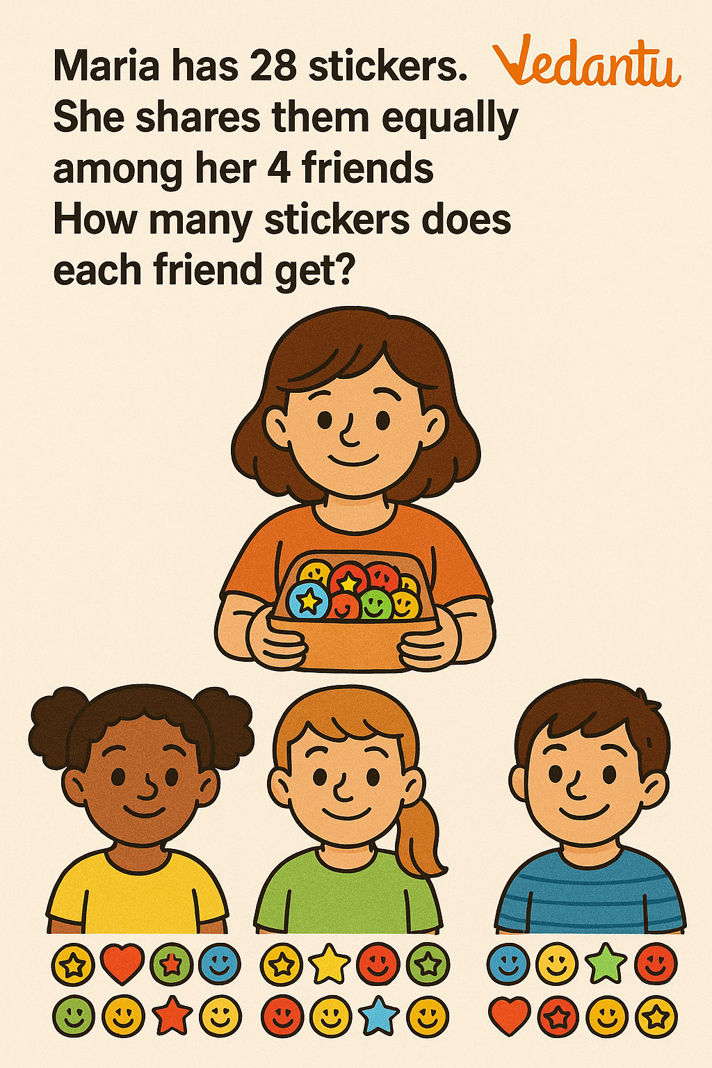 Maria has 28 stickers. She share them equally among her 4 friends How many stickers does each friend get?