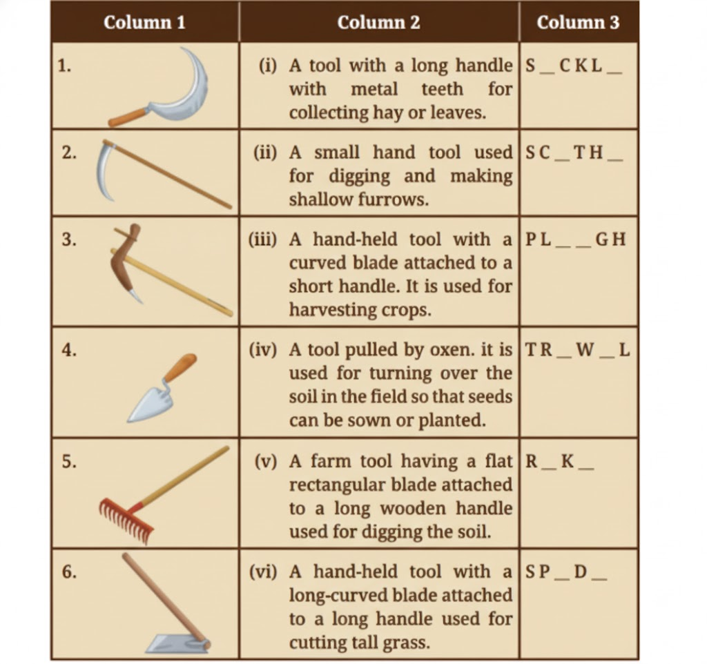 Match the pictures of the farming implements given in Column 1 with their use given in Column 2. Then, fill in the blanks in Column 3 to complete the name of the implement.